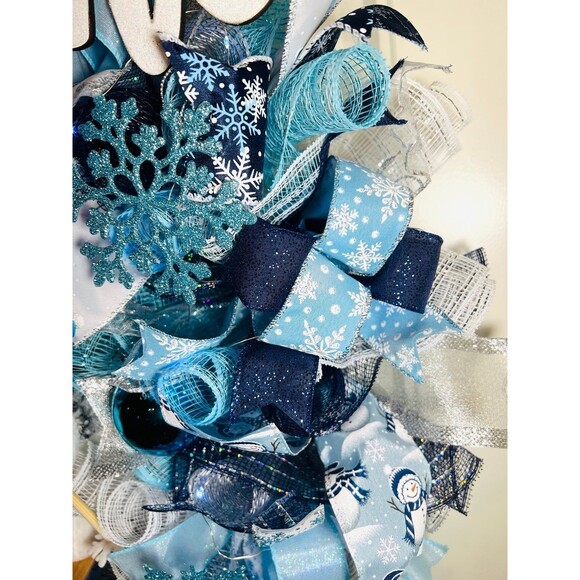 XL Handmade Christmas Holiday Skiing Snowman Ribbon Prelit Wreath 26 ins LED - Picture 9 of 12